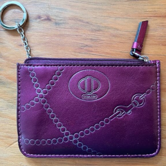Coach Poppy Metallic Fuchsia Pink Leather Coin Purse Mini Keychain - Picture 1 of 3